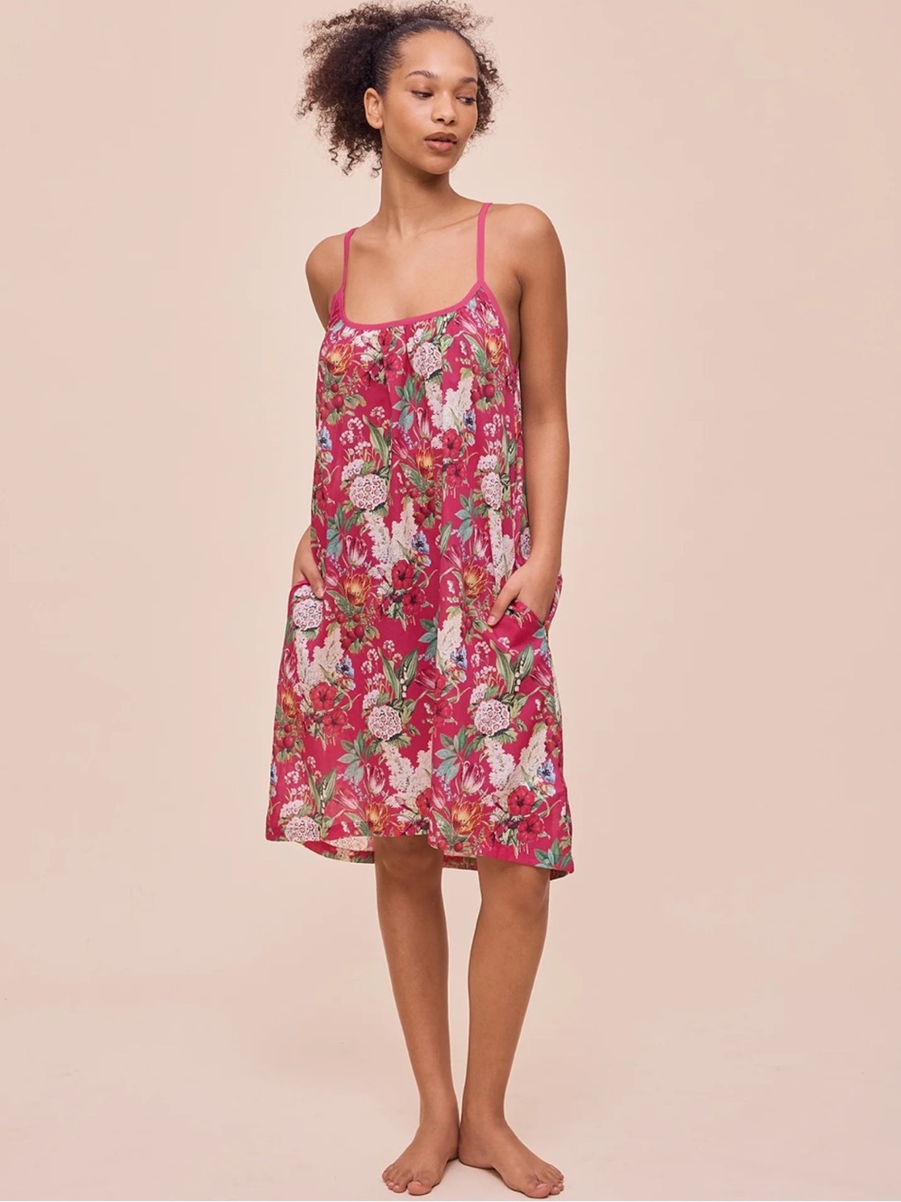 Papinelle Small Clara Strappy Midi Nightie 100% Cotton Pink Geranium Floral NWT